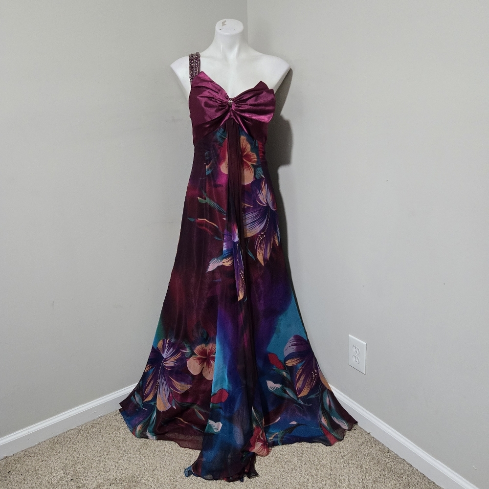 (Fits ~14) Cinderella Divine Maroon & Floral Print Chiffon Gown Dress